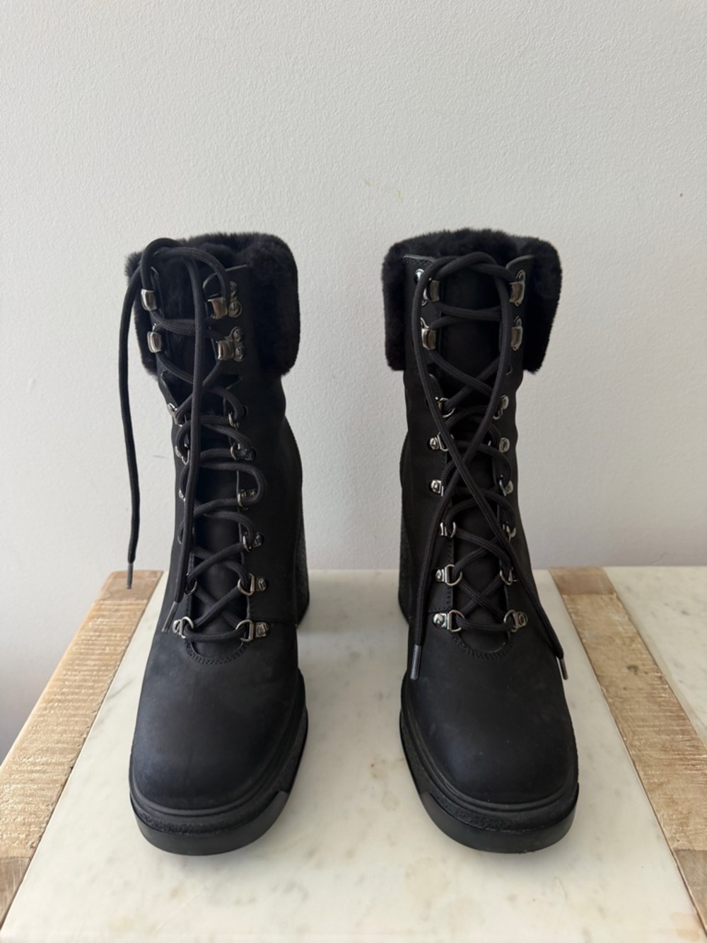 Moncler Black Lace-Up Fur-Trim Platform Boots